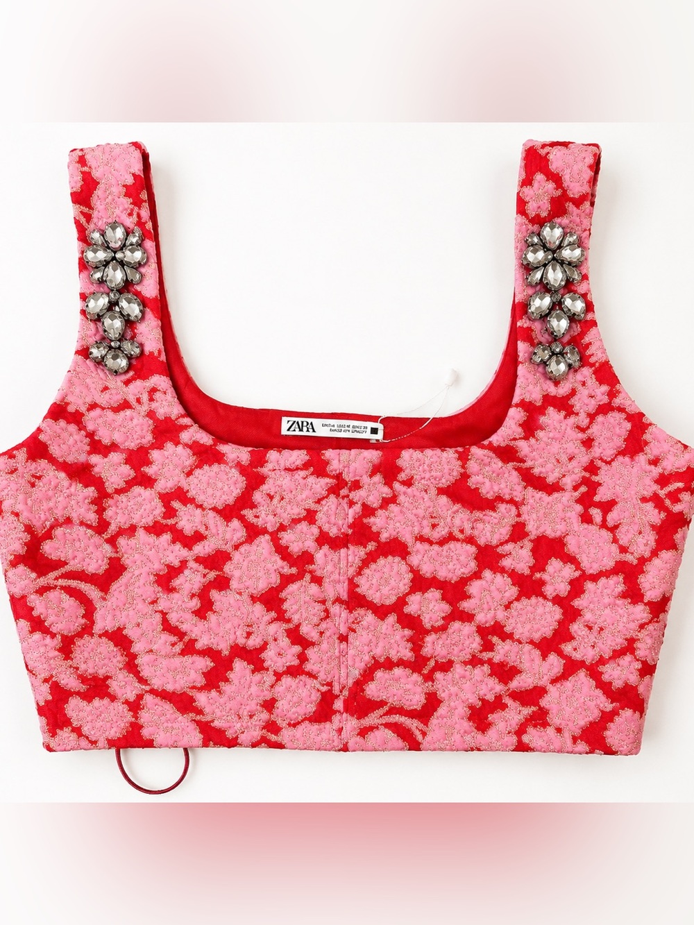 ZARA Pink Red Floral Jacquard Crystal Embellished Crop Top M